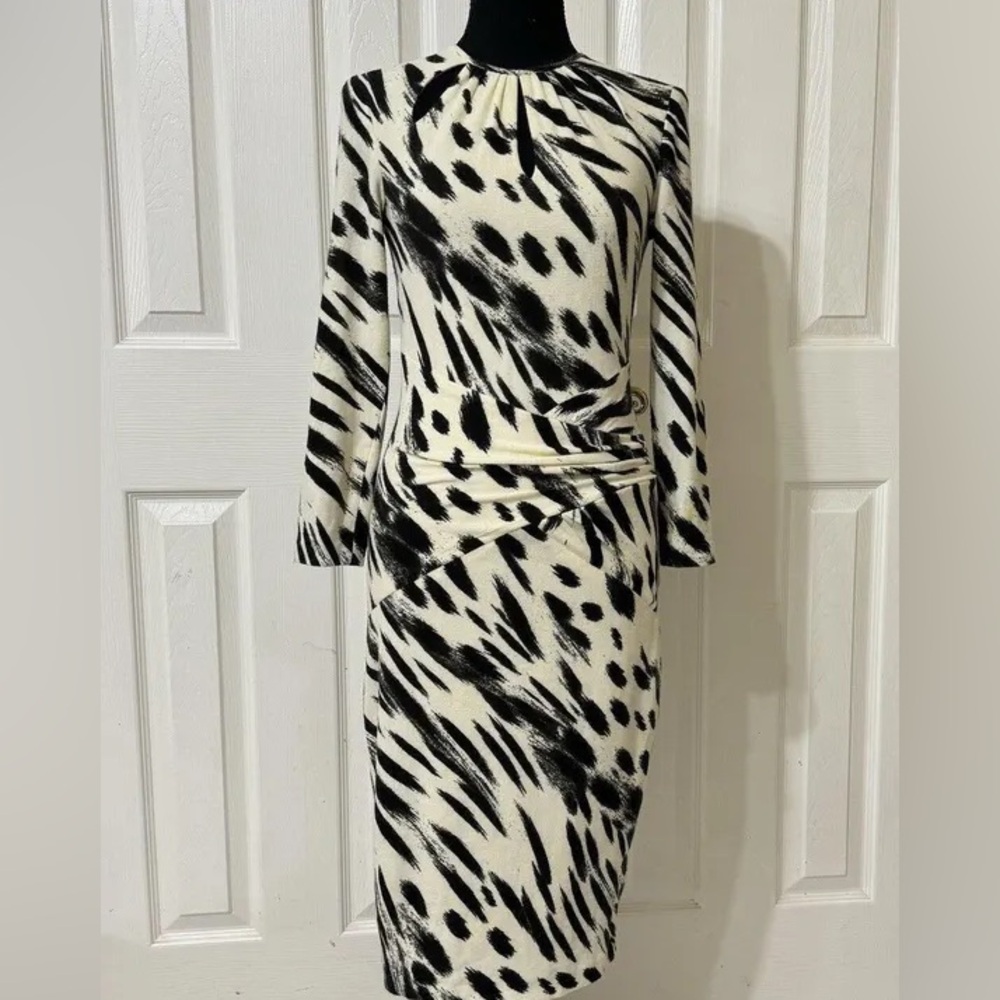 Cache Black and Cream Printed Long Sleeve Sheath Dress